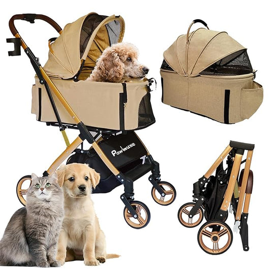 Pet Stroller for Small & Medium Dogs Cats up to 55 lbs 4-in-1 Foldable Travel Pet Stroller with Detachable Carrier Lightweight All-Terrain Spring Damping,Car Seat,Sun Canopy,Khaki