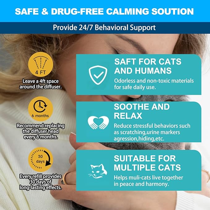 Cat Calming Diffuser, Cat Pheromones Calming Diffuser with 1 Diffuser + 2 Refills 48ml, Cat Anxiety Relief Cat Pheromone Diffuser Kit 60 Days, Pheromone Diffuser to Calm Cats