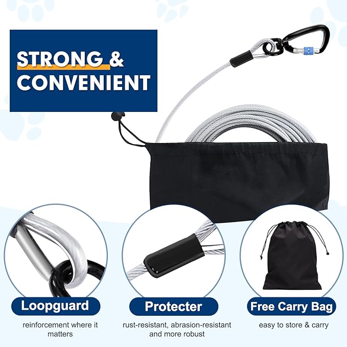 Snagle Paw Heavy Duty Tie Out Cable for Yard - 70FT-1000LBS, Chew Proof for Medium Large Dogs with Swivel, Lockable Hook, Spring