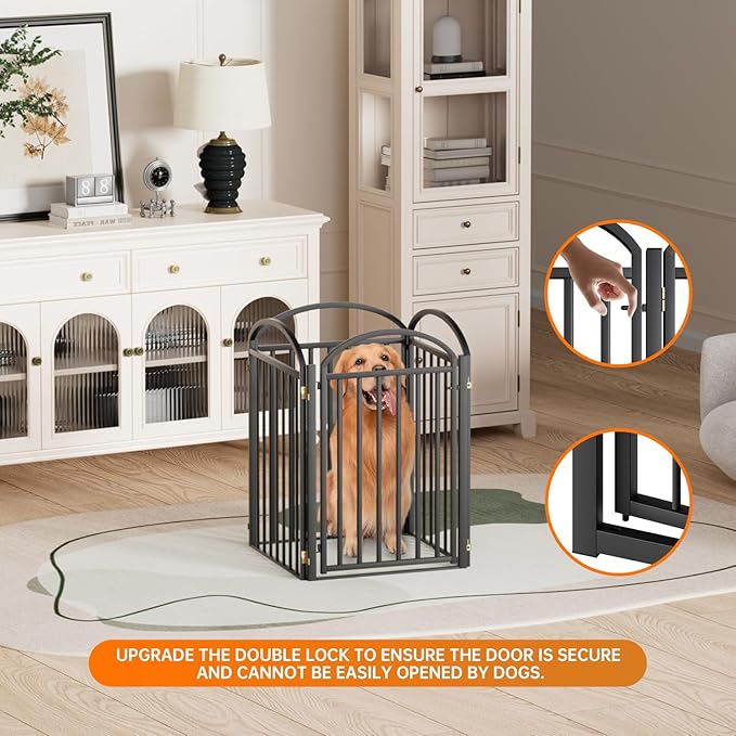 4 Panles Full Matel Freestanding Dog Gates with Door, 96"Extra Wide 32"Tall Free Standing Dog Pet Gate for Indoor & Outdoor. Foldable Pet Fences for Doorways, House, Stairs, Porch, Deck, Yard