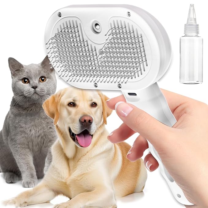 Pet Steam Brush, Self Cleaning Brush with Mist Spray, Deshedding Tool for Dogs & Cats, Pet Hair, Tangle-Free Grooming Brush for Long/Short Haired Pets
