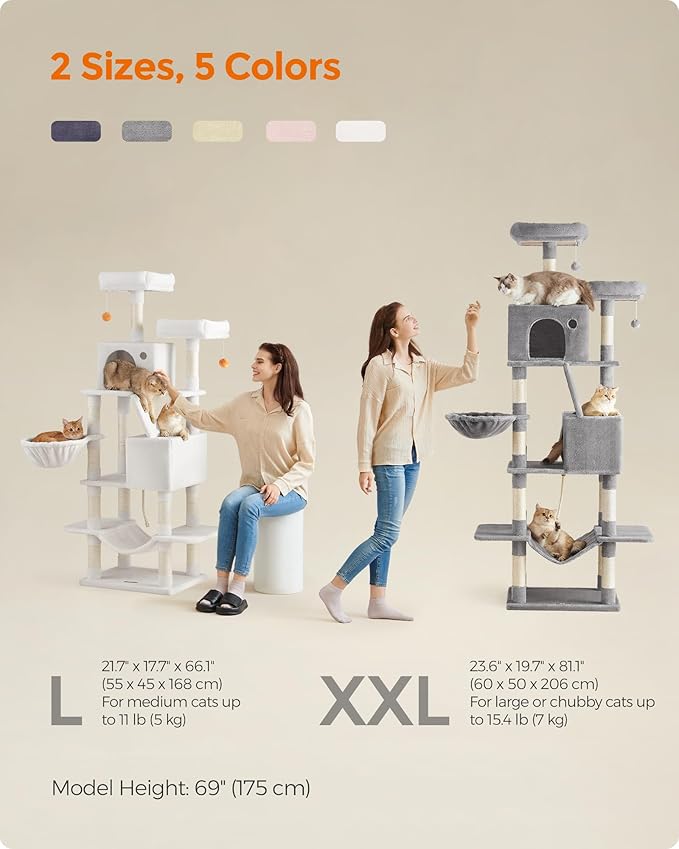 Feandrea Cat Tree, 66.1-Inch Large Cat Tower with 13 Scratching Posts, 2 Perches, 2 Caves, Basket, Hammock, Pompoms, Multi-Level Plush Cat Condo for Indoor Cats, Cream White UPCT165T01