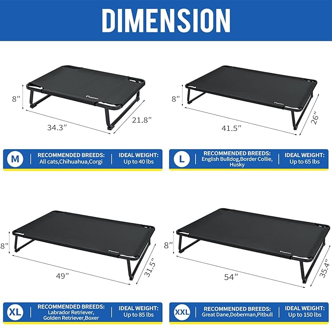 Elevated Dog Beds, Extra Large Raised Dog Cots Outdoor Cooling Dog Bed Waterproof Stable and Easy Assembly, Teslin Fabric with 1.2mm Thick Iron Frame, Breathable, Ultra-Sturdy，Black, 54*37*8.7