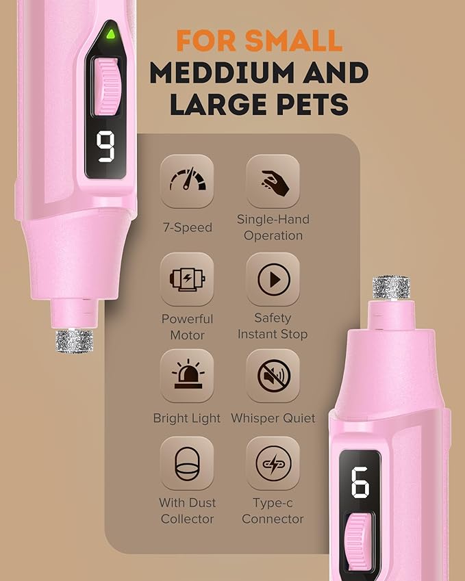 YABIFE 7-Speed Pet Nail Grinder with Light – Heavy Duty, Whisper Quiet Nail Trimmer for Dogs, Cats, Birds & Small Animals – Single-Handed Operation