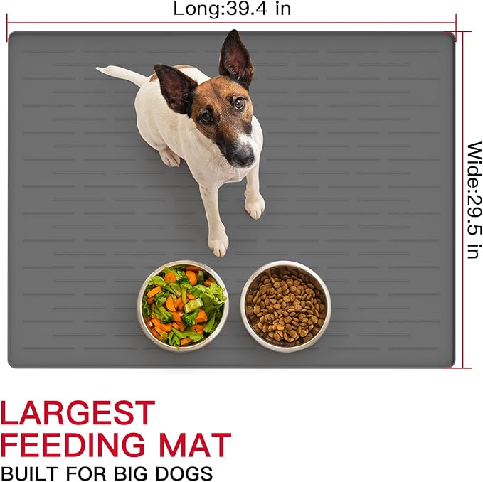 39.4"x29.5" Large Pet Food Mat, Silicone Dog Mats for Food and Water, Nonslip Pet Feeding Mats for Floors,Dog Cat Bowl Mat with Raised Edges, Light Gray