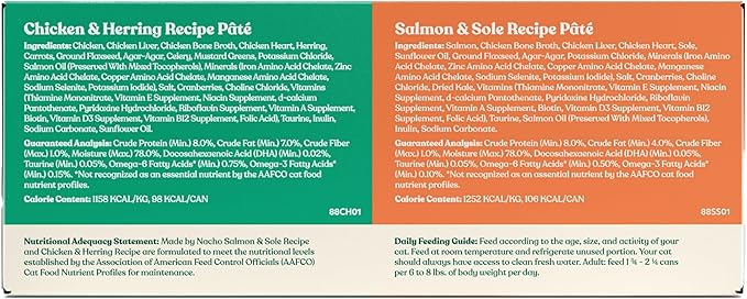 Made by Nacho Pate Wet Cat Food Variety Pack, Chicken & Herring and Salmon & Sole, 3 Ounce Cans, Grain-Free Canned Pet Food, Bone Broth Infused for Hydration, 12 Pack