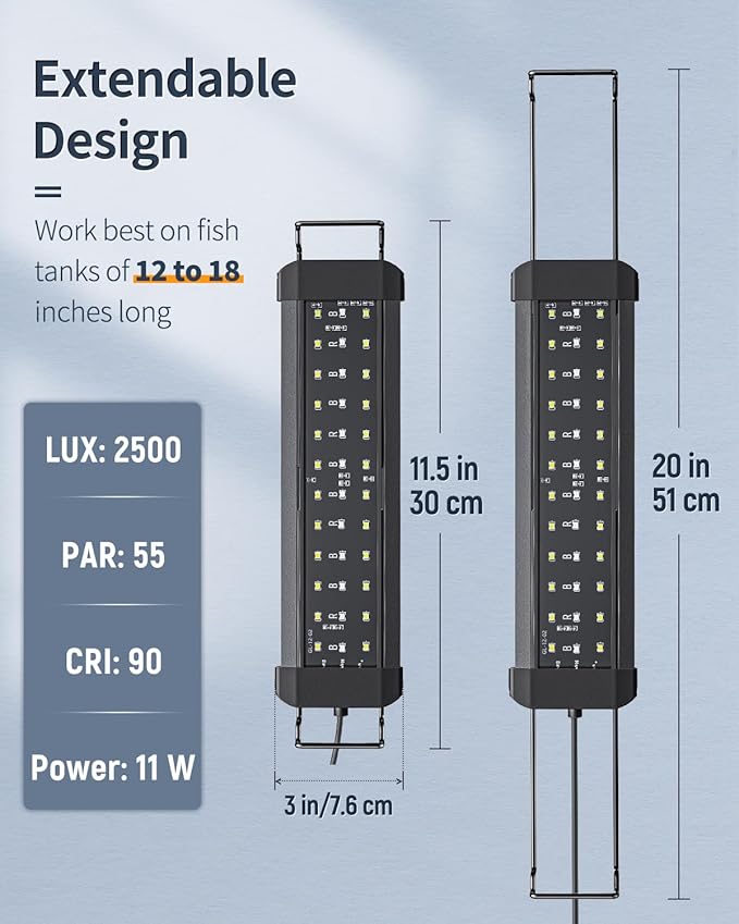 Pawfly 11W Aquarium LED Light for 12 to 18 Inch Extendable Fish Tank Light with Full Spectrum Brilliant White Blue Red Lights with Daytime & Night Modes Timer Auto On/Off Adjustable Brightness