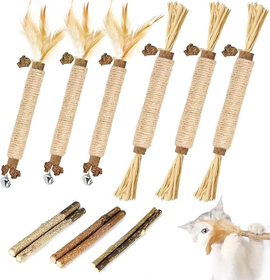 Tocirelo Catnip Toys Silvervine Sticks - 12Pack Natural Cat Chew Toys for Bored Indoor Cats Teeth Cleaning, Matatabi Sticks Treats with Feather and Bell, Kitten Teething Calming Products