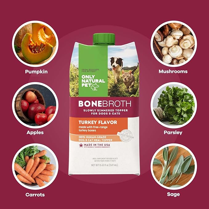 Only Natural Pet Bone Broth Turkey Flavor Dog & Cat Meal Topper, 100% Human-Grade Slow-Simmered, Free-Range for Dry Food or to Hydrate Dehydrated Food - (2-Pack / 11.16 oz Each)