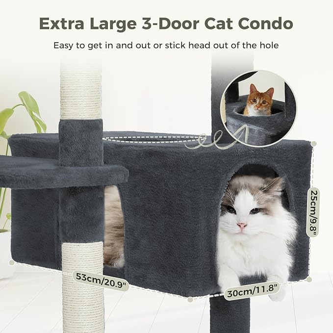 PAWZ Road Large Cat Tree, 72 Inches Cat Tower for Large Cats, Cat Condo with Sisal-Covered Scratching Posts and Pads, 2 Padded Perch, Dual Condo and Basket for Indoor Cats-Dark Gray