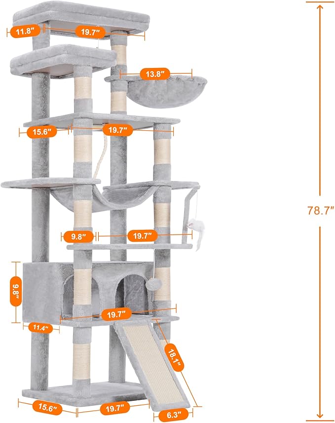 Heybly Tall Cat Tree, 78-inch Multi-Level Cat Tower for Indoor Cats, 2 Widened Plush Perches Cat Condo with Scratching Board and Big Caves, Light Gray HCT033W