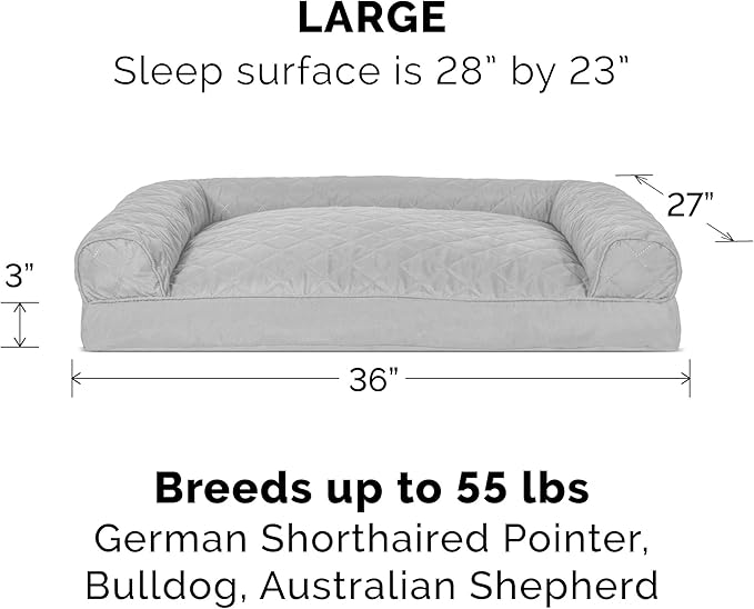 Furhaven Pillow Dog Bed for Large/Medium Dogs w/ Removable Bolsters & Washable Cover - Quilted Sofa - Silver Gray, Large