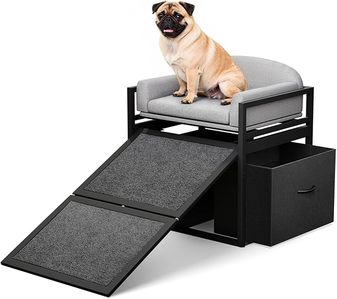 Pet Stairs Ramp Doggie Stairs with Seat & Storage Drawers,Extra Wide Seat Mate Chair Puppy for High Bed Couch Office,Non Slip Dachshunds,Step for Small Dogs,Cat Ladder Grey(Hold Up to 100 lbs)
