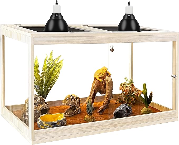 PROLEE Tempered Glass Bearded Dragon Tank,28 Gallon Reptile Tank with Meatl Mesh Roof and Front Sliding Door, Anti-Scratch Lizard Tank,Spacious Reptile Enclosure for Snakes,Lguanas, Chameleons(Oak)