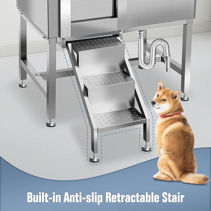 38" Dog Washing Station, Professional Stainless Steel Dog Bathing Station, Equipped with Three Anti-Slip Steps, Removable Door, Upgraded Spray Nozzle&Hose - Ideal for Home, Pet Grooming Salon,L-RAMP