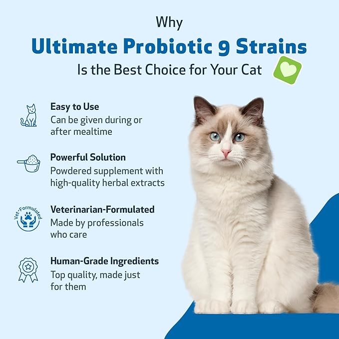 Pet Wellbeing Ultimate Probiotic 9 Strains with Prebiotics for Cats - Supports the Gut Microbiome and Digestion, Immune System Care, Urinary Tract Health, FOS, 2.5 billion CFU - 5.64 oz (160 g) Powder