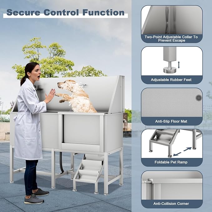 62" Professional Stainless Steel Dog Bathing Station, Large Dog Washing Station W/Dog Bath Brush, Washing Gloves, Floor Grate, Dog and Cat Bath Tub, Dog Washing Sink (62 Inch Right Door)