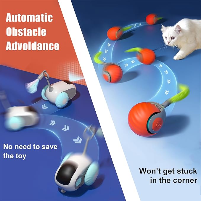 1pc Interactive Automatic Remote Control Cat Mice Car Toy and 1pc Smart Electric Moving Speedy Cat Ball Toy with Feather Tail, Suitable for Dogs, Keep Busy, Stimulating, Rechargeable (Blue)