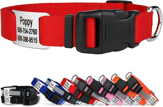 GoTags Personalized Dog Collar with Nameplate, Adjustable Dog Collar with Custom Engraved Slide On Pet ID Tag in Stainless Steel, Silent, No Noise Dog Tag for Large Medium and Small (Red, Small)