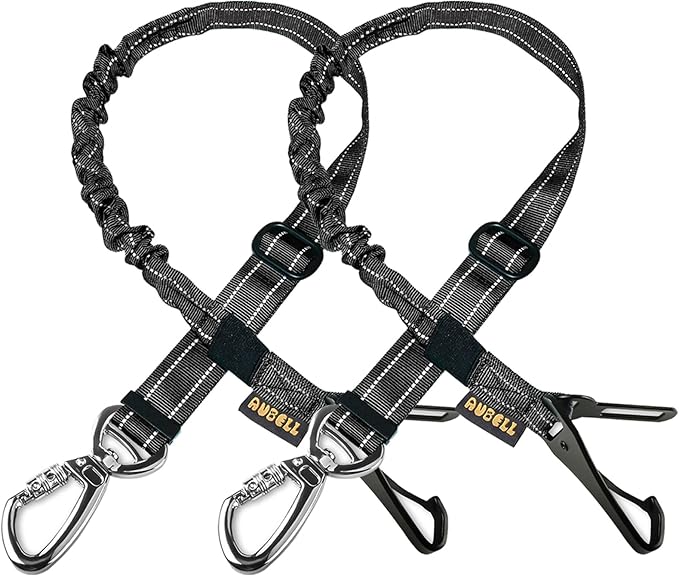AUBELL Dog Seat Belt for Car,2 Pack Set 3-in-1 Adjustable Reflective Bungee Heavy Duty Dog Car Harness Tether with Clip Hook Latch & Buckle,Swivel Zinc Alloy Carabiner,Black+Black