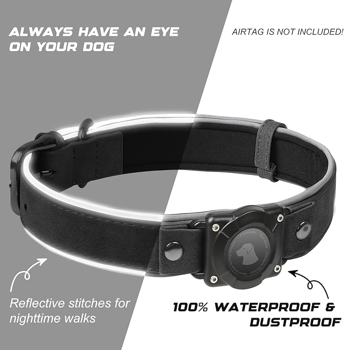 AirTag Dog Collar - Leather Dog Collar with Air Tag Holder | IPX8 Waterproof, Reflective, High - End, Adjustable Soft Padded | Dog GPS Tracker Collars Fit for Medium Large Dogs (Black, L)