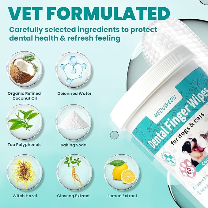 Wider Dental Care Finger Wipes 60 Counts,Teeth Cleaning Finger Wipes for Dogs & Cats,Reduces Plaque & Supports Oral Freshness,Small Animal Stain Removers, Unscented