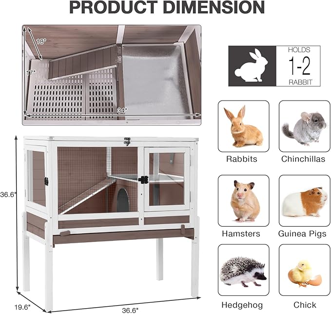 Guinea Pig Cage Indoor with Cool Zinc Plate Rabbit Hutch with Wheels and Removable Proof Tray Elevated Legs Hamster Cage with Chew-Resistant Metal Frame 36.6" L（Brown）