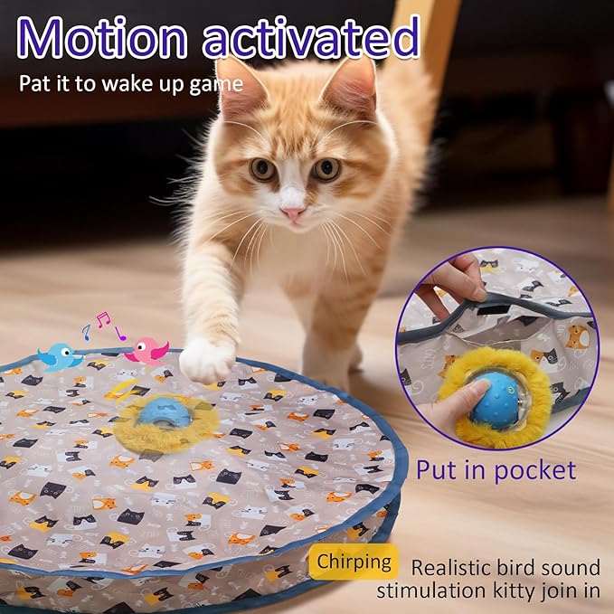Interactive Cat Toys Ball Fast Rolling in Pouch, Motion Activate Chirping Cat Toy Hide and Seek Mouse Catching Game (Blue)