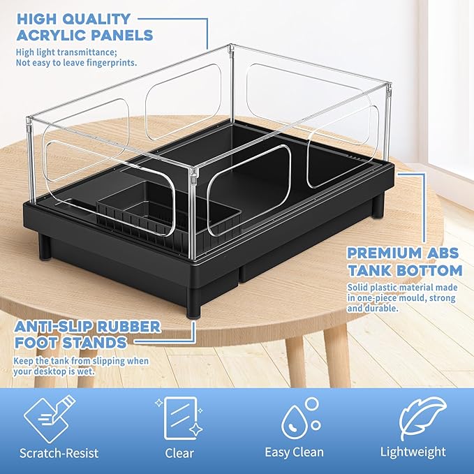 Small Turtle Tank Kit, Acrylic Turtle Tank Starter Kit with Basking Platform, Bottom Drainage, Multi-Function Areas for Turtles, Crabs, Crayfish, Small Reptiles. (Black Kit)