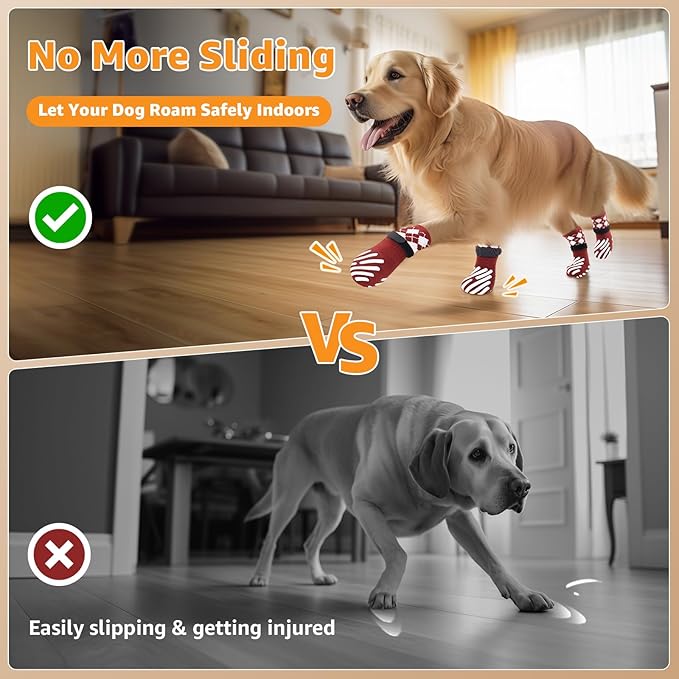 LOOBANI Dog Socks to Prevent Licking Paws - Dog Socks for Hardwood Floors Anti Slip for Traction Control - Dog Grippy Socks for Senior Dog Small Medium Large Dogs on Tile Floors, Red L