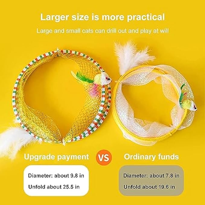 Folded Cat Tunnel Toy for Indoor Cats, 2 PCS Collapsible Pet Spring Cat Toys with Feather Mouse Upgrade Interactive Toy Playing Tent for Puppy Kitten Accessories Home