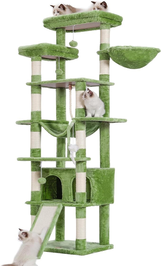 Heybly Tall Cat Tree,78 inch Multi-Level Cat Tower for Indoor Cats, 2 Widened Plush Perches Cat Condo with Scratching Board and Big Caves, Green HCT033GR