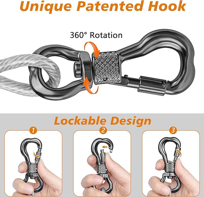 XiaZ Dog Tie Out Cable 50ft, Outdoor Runner Lead Chain Tether for Small Medium Large Dogs, 5mm Diameter Cable,11000 lbs Break Strength, Reflective Silver