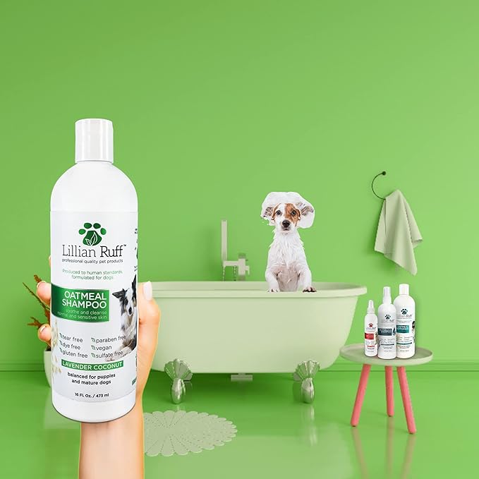 Lillian Ruff Calming Oatmeal Pet Shampoo for Dry Skin & Itch Relief with Aloe & Hydrating Essential Oils - Replenish Moisture & Deodorize - Gentle Dog Shampoo for Normal/Sensitive Skin (16oz & Brush)