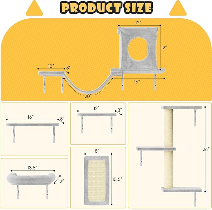 NUNU LAB Wall Mounted Cat Furniture, 6 Pcs Cat Wall Shelves with Condo House, Bridge, Steps, Scratcher, Hammock, Indoor Safe & Stable Furniture for Kittens Play, Gray