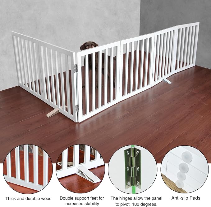 ZJSF Freestanding Indoor Dog Gate for House Foldable Wood White Puppy Gate for Doorways Pet Gate for Stairs Extra Wide Pet Fence 32" Height 6 Panels