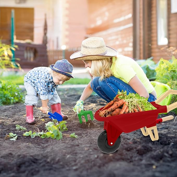 Kids Gardening Tools Outdoor Toys Set Backyard Play with Wheelbarrow Educational STEM Learning Pretend Toys Outdoor Indoor for Toddlers Kids Boys Girls (Red Wheelbarrow Set)