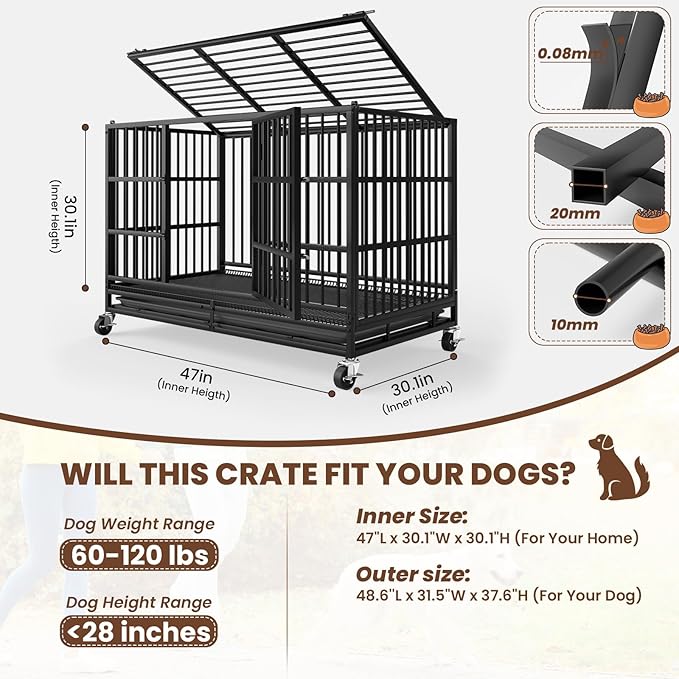 LEVELEVE 48 Inch Heavy Duty Indestructible Dog Crates for Large Dogs，Escape Proof Dog Cage Large Dogs with Lockable Wheels，Dog Kennel Furniture Indoor&Outside