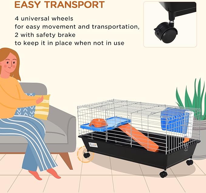 PawHut 35" L Small Animal Cage, Rolling Bunny Cage, Guinea Pig Cage with Food Dish, Water Bottle, Hay Feeder, Platform, Ramp for Chinchilla, Black