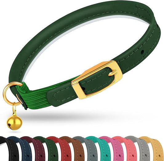 OOPSDOGGY Rolled Leather Cat Collar with Bell - Reflective Kitten Collar with Safety Elastic Strap - Adjustable Small Pet Collars for Boy Girl Cats (Green)