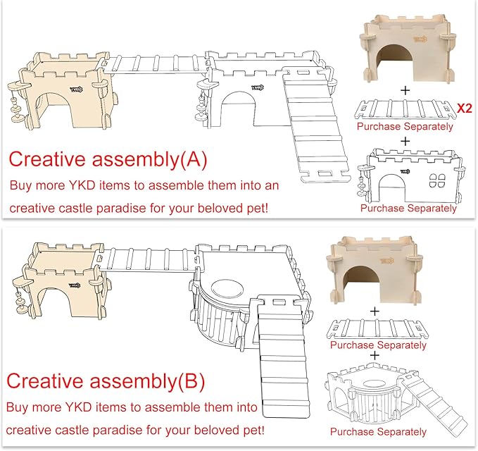 YKD Castle Chinchilla House - Small Animal Hideout for Chinchilla Guinea Pig Hedgehog, or Rat - Ventilated Wooden Guinea Pig Hut Habitat with Multiple Doors (Medium)