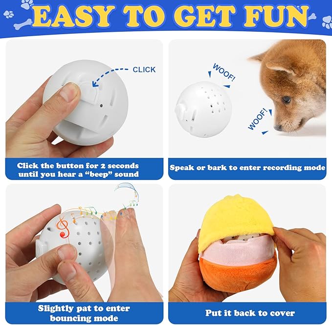 Rechargeable Interactive Moving Dog Toys, Automatic Crazy Jumping Duck for Boredom, Attractive Squeaky Plush Duck Covers A Talking Bouncing Ball with Recording Playback, Puppy Toys to Keep Them Busy