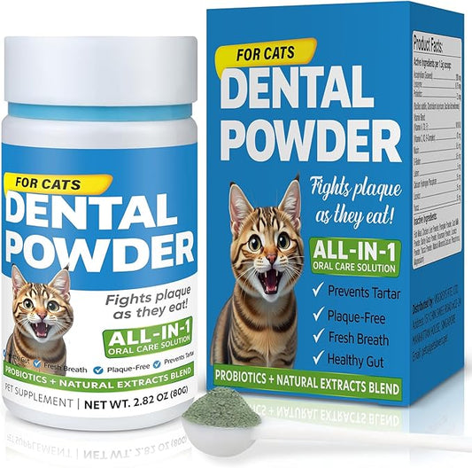 Cat Dental Care Powder Bad Breath Treatment for Cats Teeth, Mouth, Gums & Gut, Plaque Off,Tartar Control, Help Feline Gingivitis and Stomatitis, with Natural Extracts & Probiotics