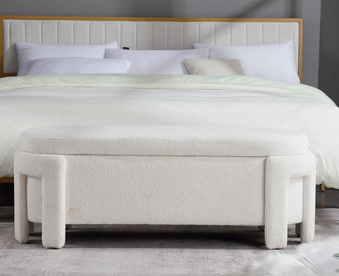 Kmax 50" Storage Ottoman Bench Modern Faux Fur Boucle Entryway Bench Comfy Upholstered End of Bed Bench for Hallway Entrance Bedroom Corner, White