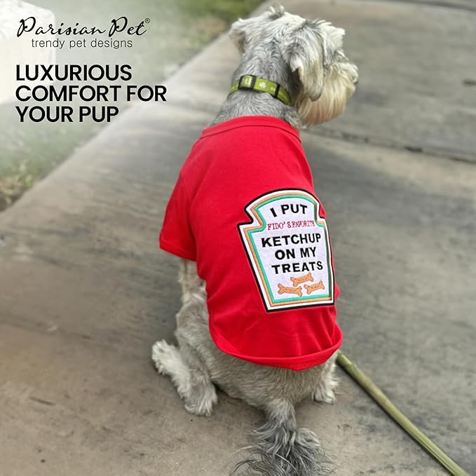 Parisian Pet Dog Shirt - Embroidered “I Put Ketchup on My Treats“ - 100% Cotton and Polyester Dog Clothes - Sleeved, Lightweight Costume for Dogs - Red Dog Shirts for Large Dogs - Pet Costumes - XL