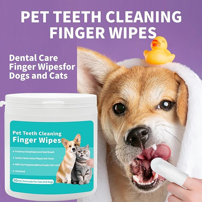 YUHUF-Teeth Cleaning Finger Wipes for Dogs & Cats, Pet Dental Care by Reducing Plaque and Tartar Remove Bad Breath, Disposable Gentle Gum Care Pet Wipes, 50 PCS