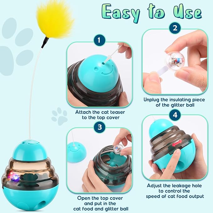 Tumbler Cat Toys for Indoor Bored Cats,Fun Wand Toy and Feather Toys Slow Feeder with Flash Ball,Cat Toys for Indoor Cats to Loss Weight and Exercise Feeding Pet Supplies Birthday Gift (Blue)