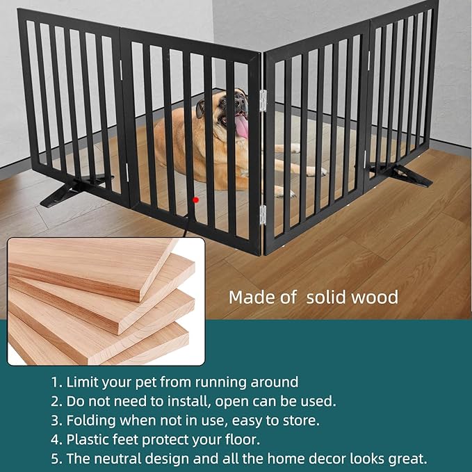 ZJSF Freestanding Indoor Dog Gate for House Foldable Wood Puppy Gate for Doorways Pet Gate for Stairs Extra Wide Pet Fence, Black, 32" Height 3 Panels