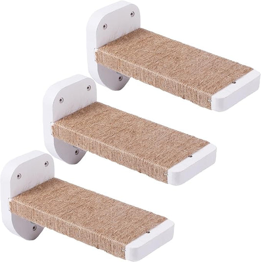 3pcs Wall Mounted Cat Steps, Climbing Furniture, Shelves With Hemp Rope Covered, Solid Wood Ladder for Playing and Climbing (Standard-White)