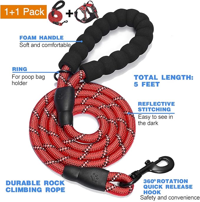 No Pull Dog Harness Adjustable Reflective Oxford Easy Control Medium Large Dog Harness with A Free Heavy Duty 5ft Dog Leash (S (Neck: 14"-17", Chest: 18"-21"), Red Harness+Leash)